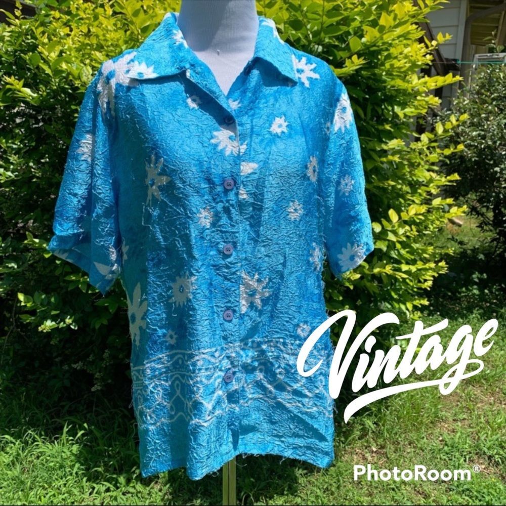 Vintage Funky Floral Bright Aqua Blue Button Down Top Medium
